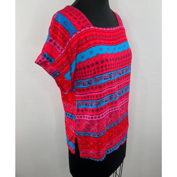 Finn & Grace Jersey Pink Red Blue Boho Patchwork Printed Short Sleeve Blouse 8 - Picture 3 of 6